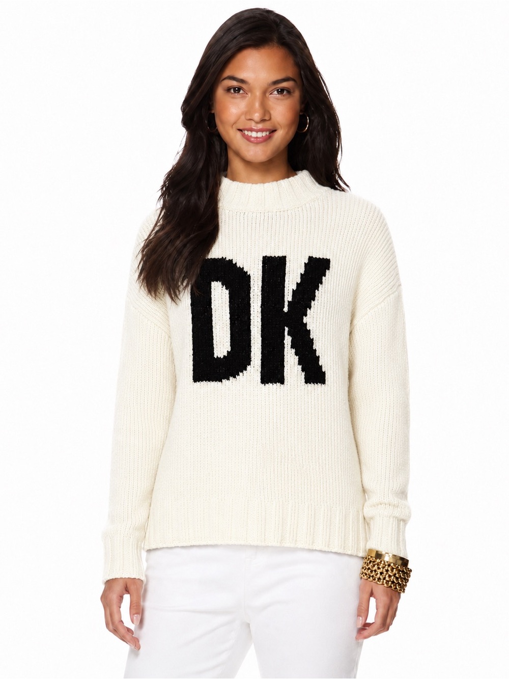 DKNY Ivory Chenille Mock Neck Sweater | NY Graphic Back | Size XL